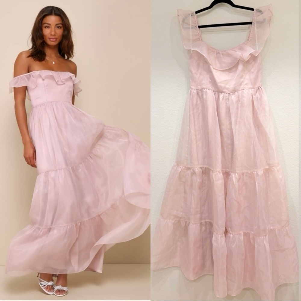 NWOT Lulus Enchanting Always‎ Blush Organza Off-the-Shoulder Maxi Dress